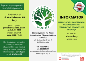 Informator prawny PDF na temat nieodpłatnej pomocy prawnej, obywatelskiej i mediacji w Żorach. 